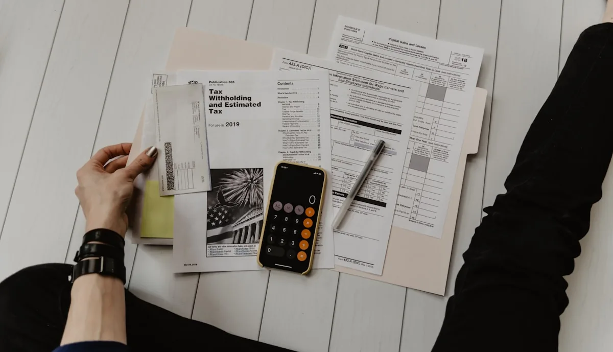 Calculator, paperwork, and payment planning materials on a desk for mortgage preparation