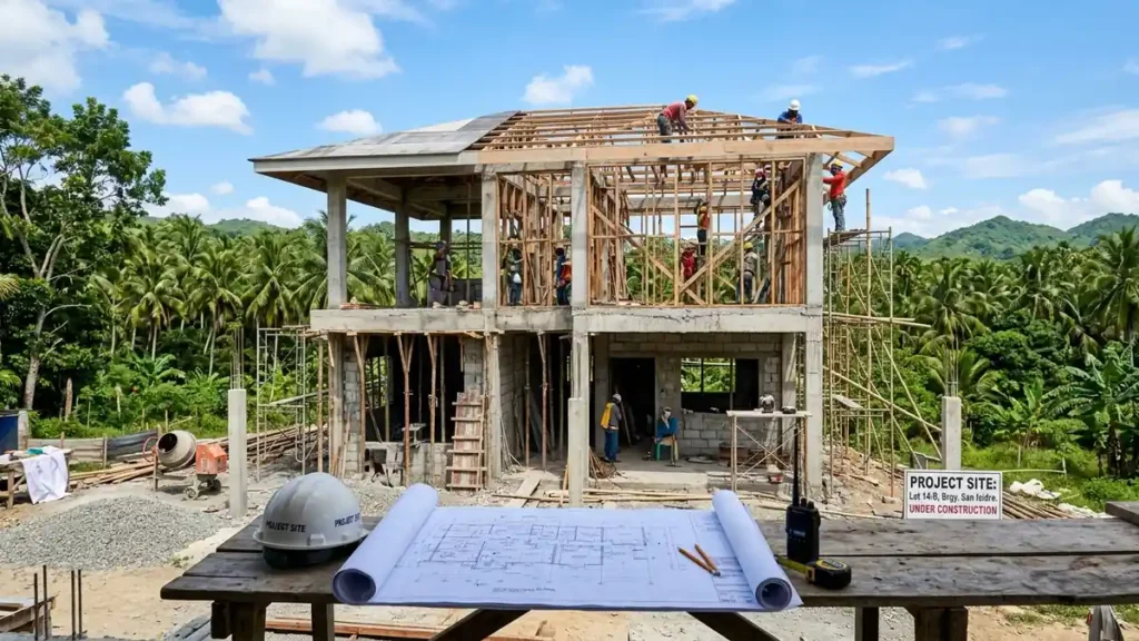 Modern two storey residential house under construction on a titled provincial vacant lot in the Philippines with blueprints on site table