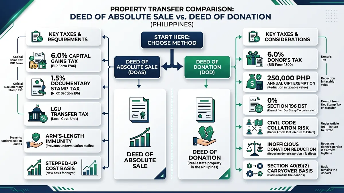 Comprehensive decision matrix and financial comparison diagram contrasting Deed of Absolute Sale versus Deed of Donation across tax rates, exemptions, DST, LGU transfer taxes, and legal risks