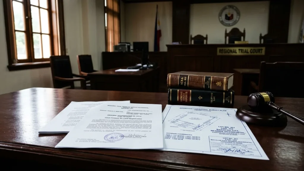 Philippine Regional Trial Court setting with land registration petition documents and approved cadastral survey plan