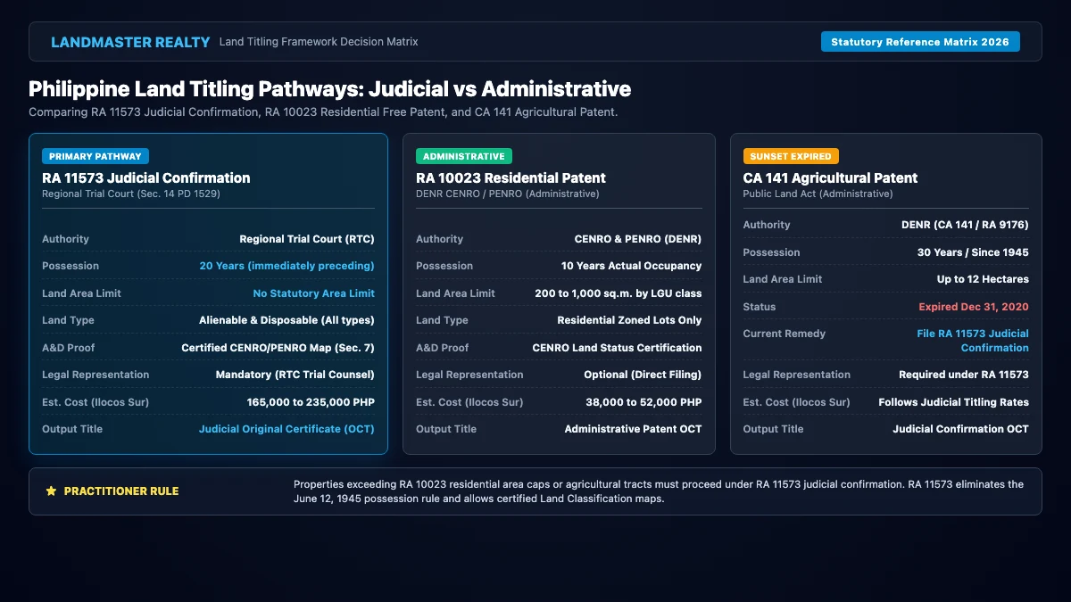 Comprehensive legal decision roadmap and procedural comparison matrix contrasting RA 11573 judicial confirmation 20-year rule vs RA 10023 administrative residential free patent and CA 141 in the Philippines