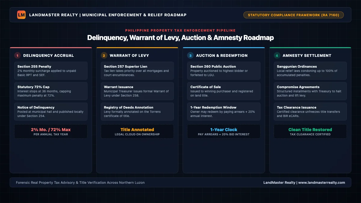Comprehensive Philippine Real Property Tax Delinquency, Penalty Calculation, and Amnesty Relief Roadmap illustrating interest accumulation, levy and auction pipeline, 1-year redemption math, and amnesty settlement steps