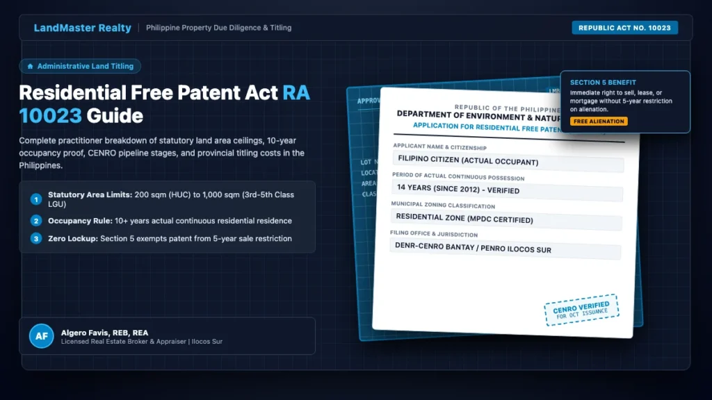 Licensed real estate broker reviewing CENRO residential free patent application documents and cadastral survey plan under RA 10023 in Ilocos Sur Philippines