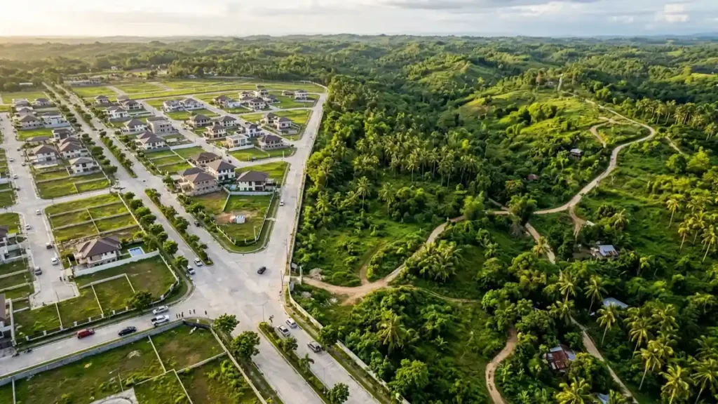 Aerial landscape view comparing a master planned residential subdivision lot with concrete roads and curbs against raw provincial land in the Philippines