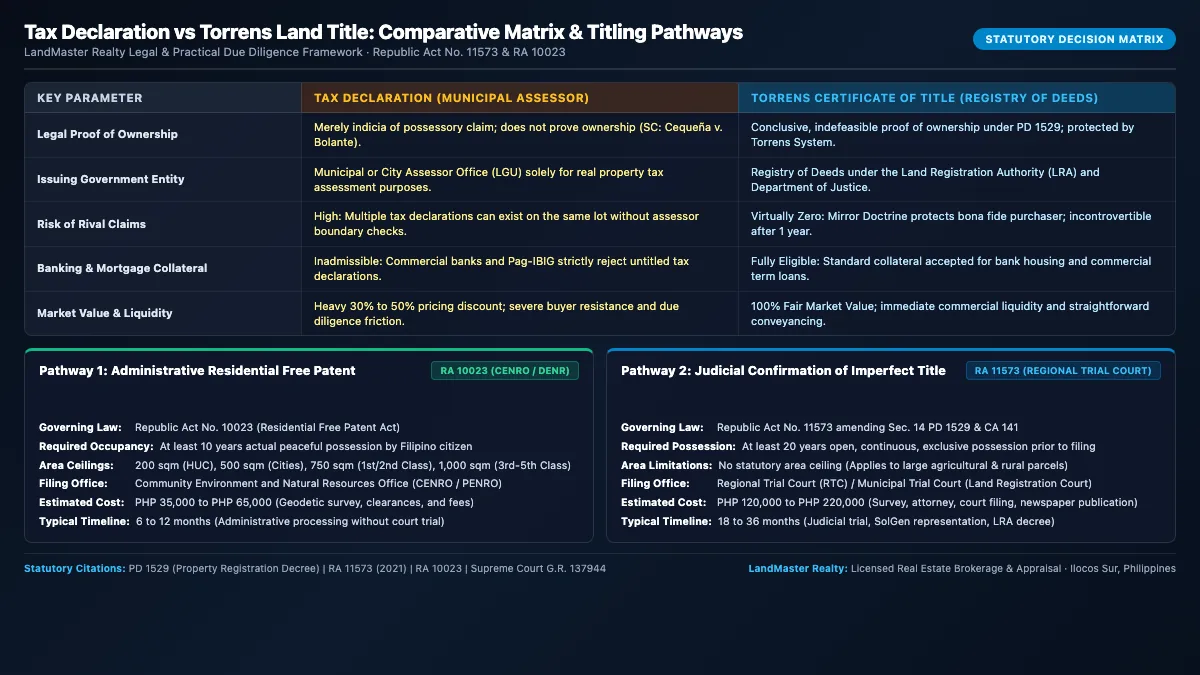 Comprehensive decision matrix and titling roadmap diagram contrasting Tax Declaration vs Torrens Land Title across legal proof, issuing office, banking collateral eligibility, and titling pathways under RA 11573 and RA 10023