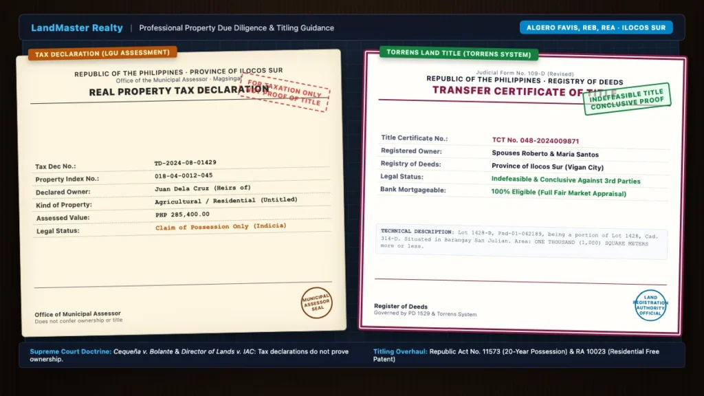 Provincial Philippine real estate consultation table displaying an official Municipal Tax Declaration alongside an authentic Torrens Transfer Certificate of Title and geodetic cadastral survey blueprints